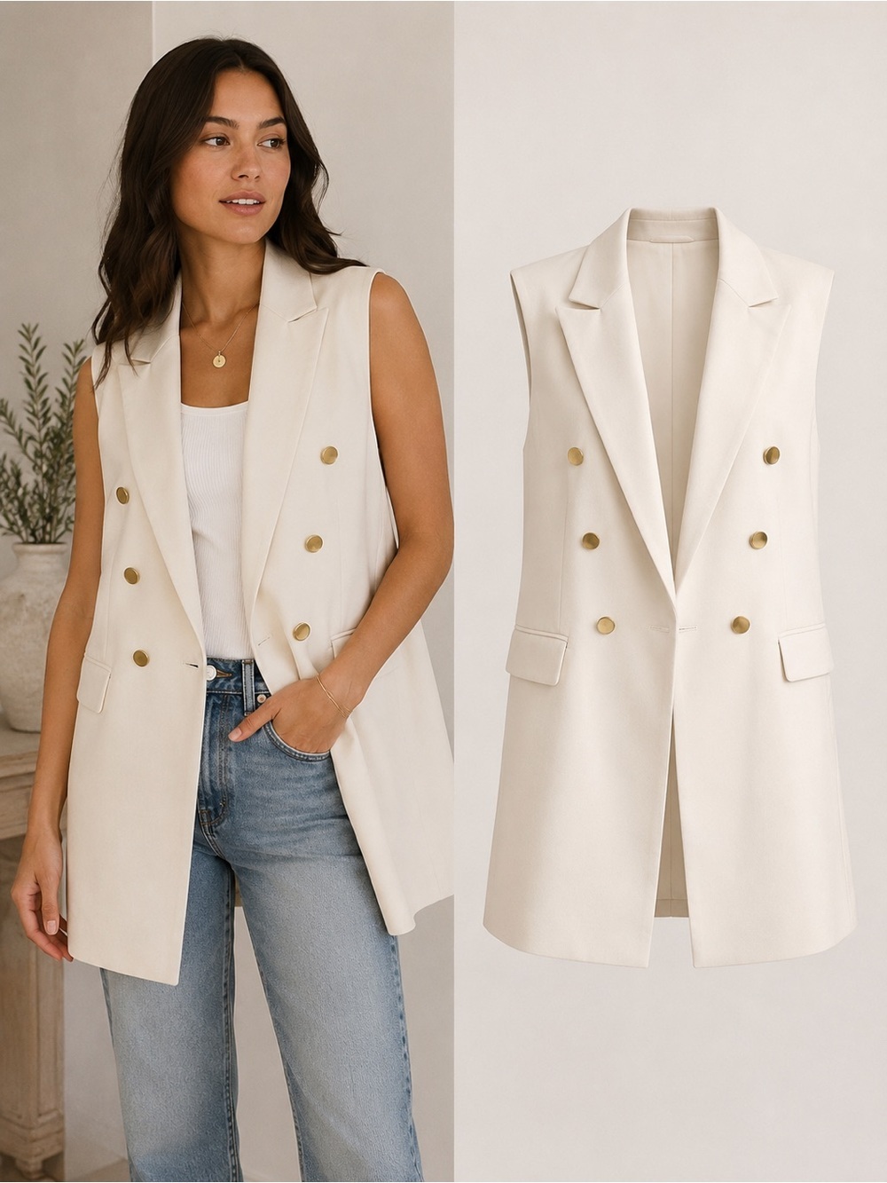 Joie | Ivory Double Breasted Sleeveless Blazer Vest Jacket Gold Buttons | Medium